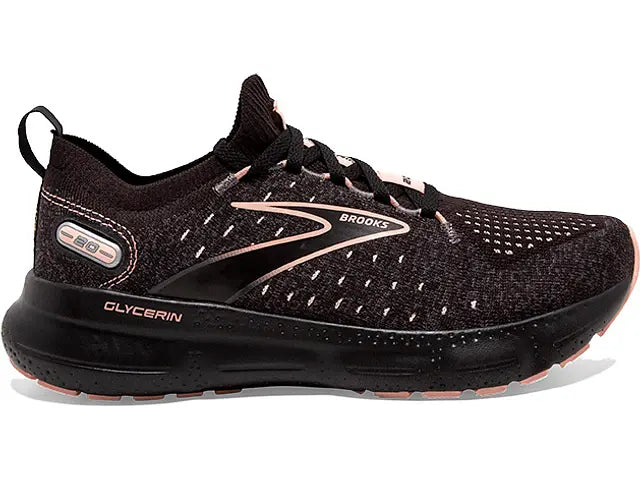 Women's Brooks Glycerin StealthFit 20, Black/Pearl/Peach, 10.5 B Medium