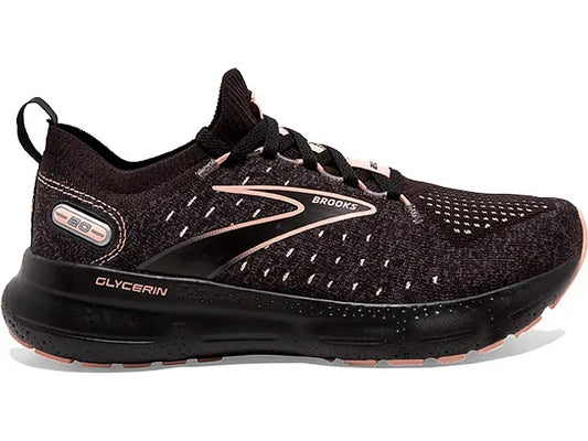 Women's Brooks Glycerin StealthFit 20, Black/Pearl/Peach, 10.5 B Medium