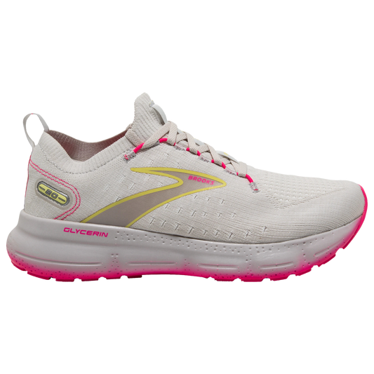 Women's Brooks Glycerin StealthFit 20, Grey/Yellow/Pink, 10 B Medium