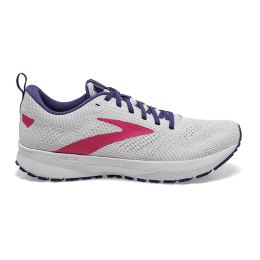 Women's Brooks Revel 5, White/Navy/Pink, 9 B Medium