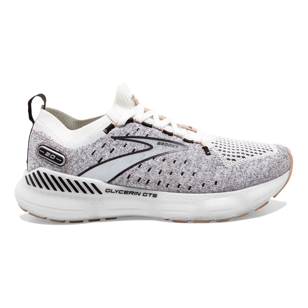Women's Brooks Glycerin StealthFit GTS 20, White/Black/Cream, 8 B Medium