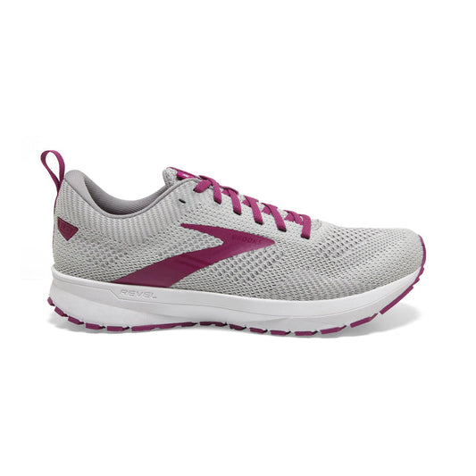Women's Brooks Revel 5, Grey/White/Baton Rouge, 6 B Medium