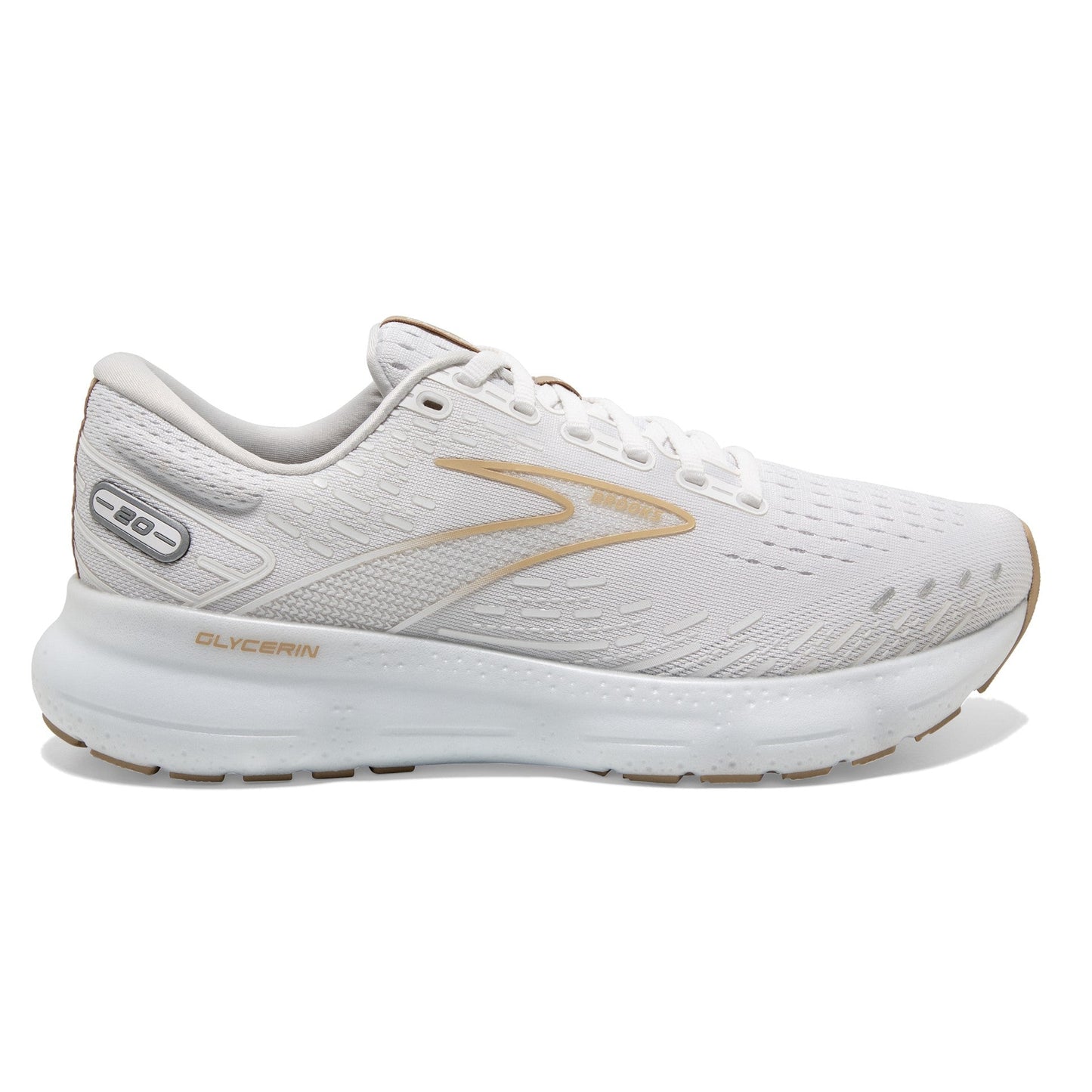 Women's Brooks Glycerin 20, White/Khaki, 7.5 B Medium