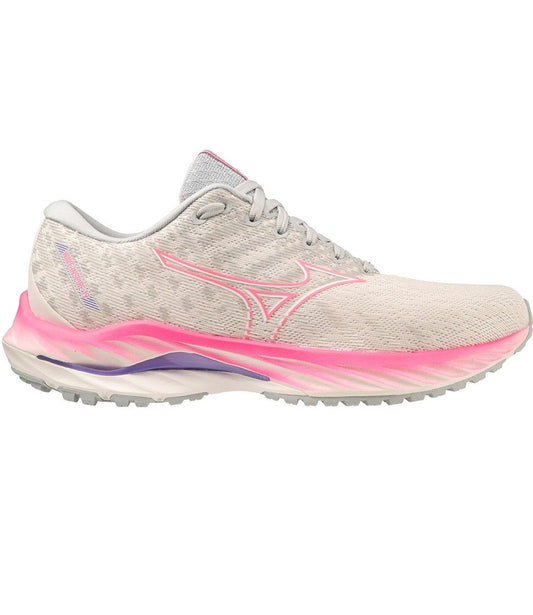 Women's Mizuno Wave Inspire 19, Snow White/High Vis Pink, 10 B Medium